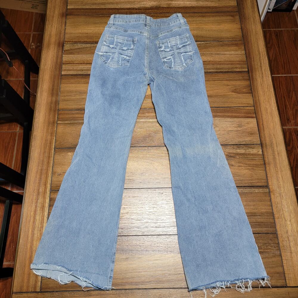 Romwe Flare Denim Jeans w/ Cross Pockets & Raw Hem - Size Small 4